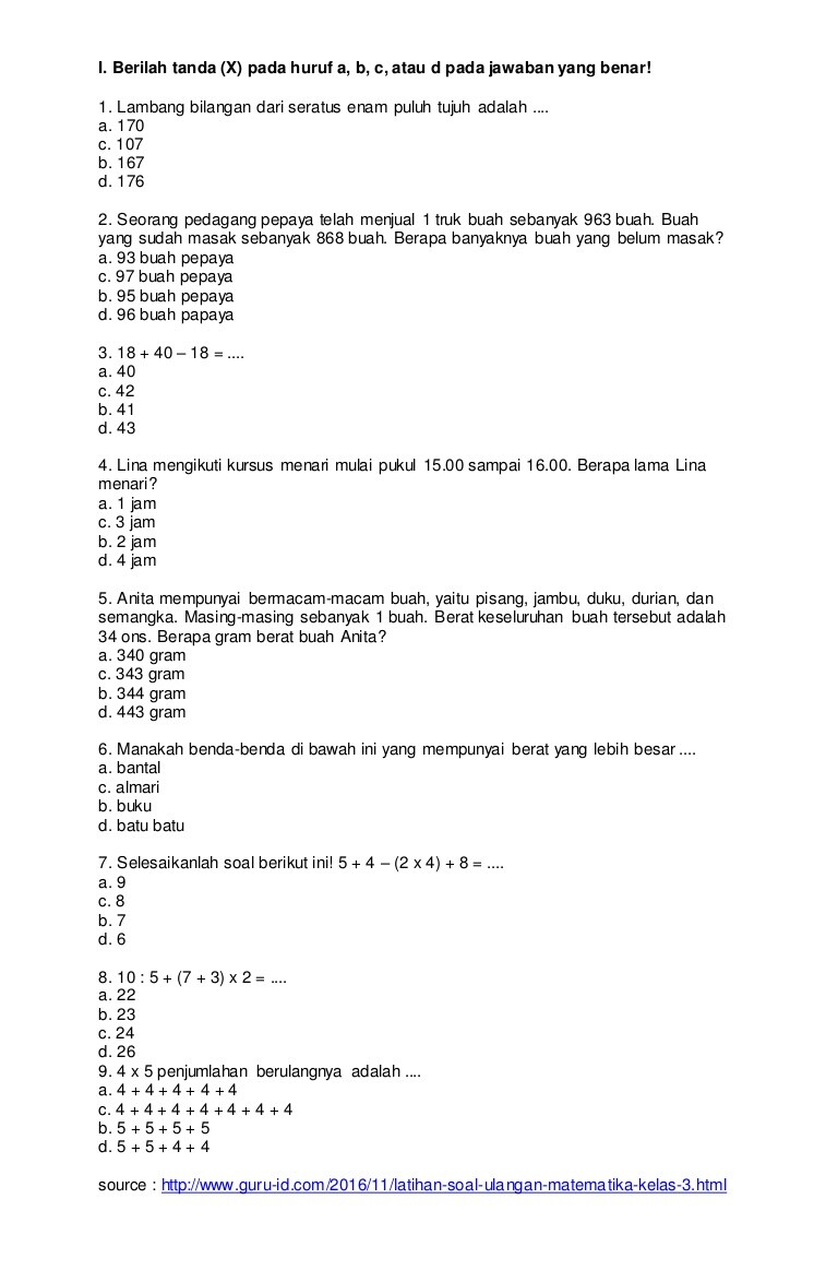 Contoh Soal Matematika Uas Sd Kelas 2 Semester 1 Holrelook